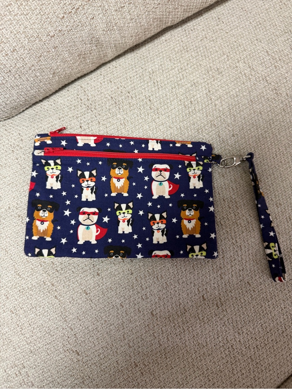 Superhero Dogs Wristlet Pouch Navy Red Double Zip Dog Print